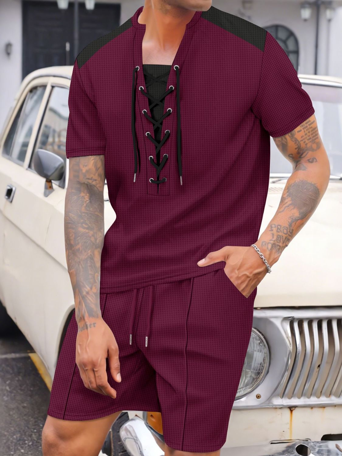 Men's Full Size Lace-Up Waffle Knit Top and Shorts Set Plus Size - Damned Threads